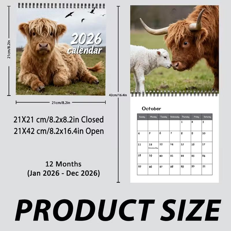 2026 Highland Cow Theme Wall Calendar, 12 Months Colorful Illustrations, 7.9in X 7.9in Perfect Size, Cute Fun Highland Cow Art Decor Gift