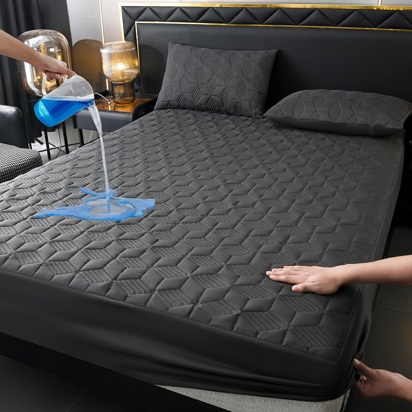 Waterproof Quilted Fitted Sheet Set - 3 Pieces (1 Mattress Cover + 2 Pillowcases), Deep Pocket, Navy Blue