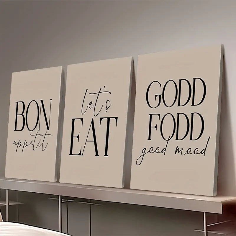 3-Piece Modern Minimalist Letter Print Kitchen Wall Art Posters, Beige-Framed Home Decor for Restaurant Wall Decoration