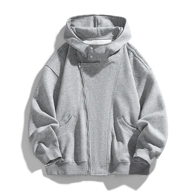 Men's solid‑color diagonal‑zip hooded zip‑up sweatshirt, snap‑button reinforced collar, three‑dimensional segmented stitching, drop‑shoulder fit, minimalist street style, suitable for daily commuting and street wear.