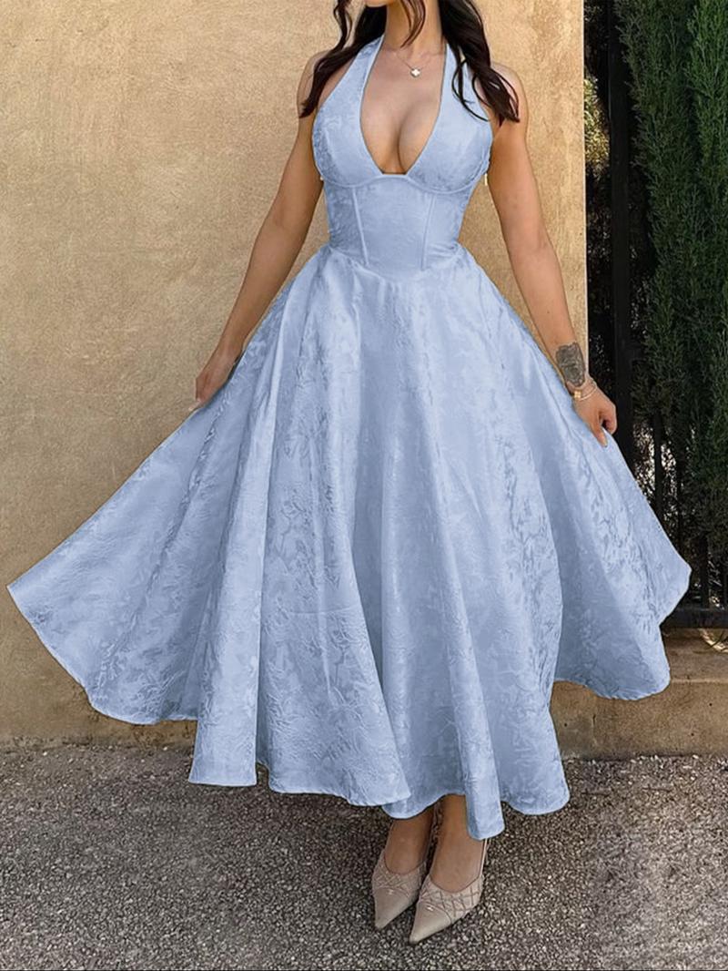 Fashion Elegant Halter Lace-Up Embroidered Waist V-Neck Sleeveless Dress, Long Plain Party Gown, Fitted Style for Women