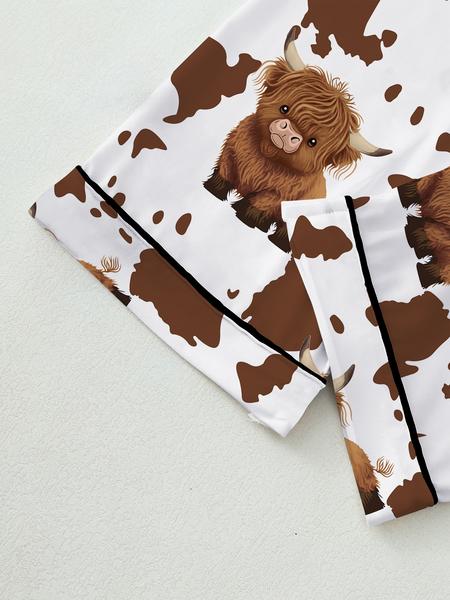 [Highland Cattle] Women's Cartoon Print Pajama Set, Long Sleeve Top & Elastic Waistband Pants, Comfortable Loungewear for Fall Winter Wear