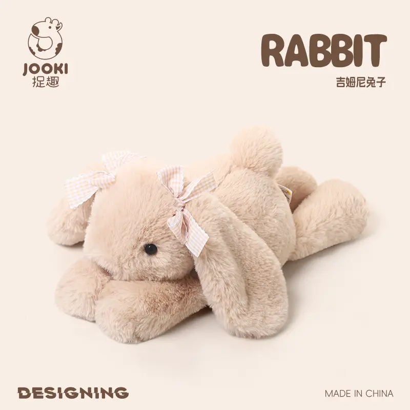 Cute Jimny Bunny Plush Doll, Floppy Long Ear Rabbit Stuffed Toy with Checkered Bow, Soft Fluffy Hugging Pillow, Bedtime Companion Animal Plush, Room Decor, Ideal Birthday Present for Young Girls, 13.77 Inch Plush Rabbit