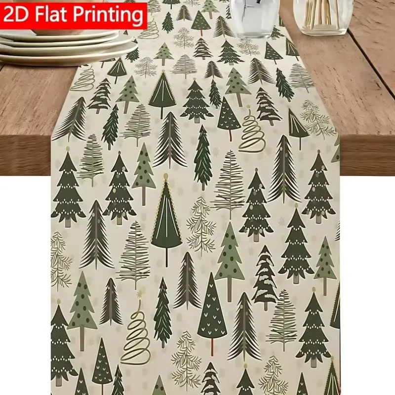 1pc 2D Flat Deep Green Easy Sketch Style Pine Tree Pattern Printed Table Runner, Forest Style Light And Dark Green Cartoon Christmas Tree Rectangular Table Runner, Suitable for Dining Table, Entryway, And Sideboard