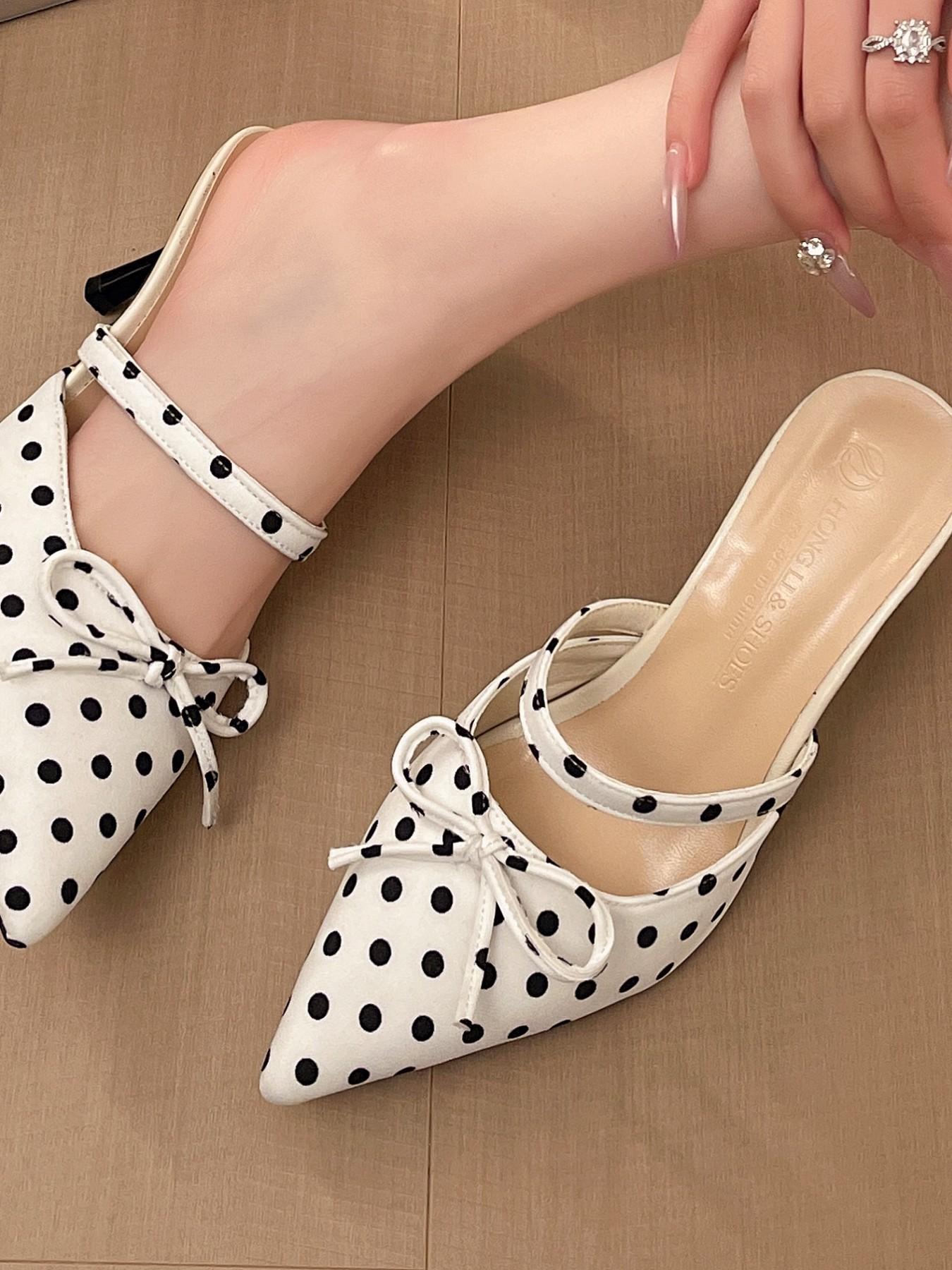 Spring Summer New Retro Polka Dot Bow Tie Pointed Toe Unique Sandals, Elegant High Heel Slip Ons, Versatile Dress Shoes, Comfortable & Stylish