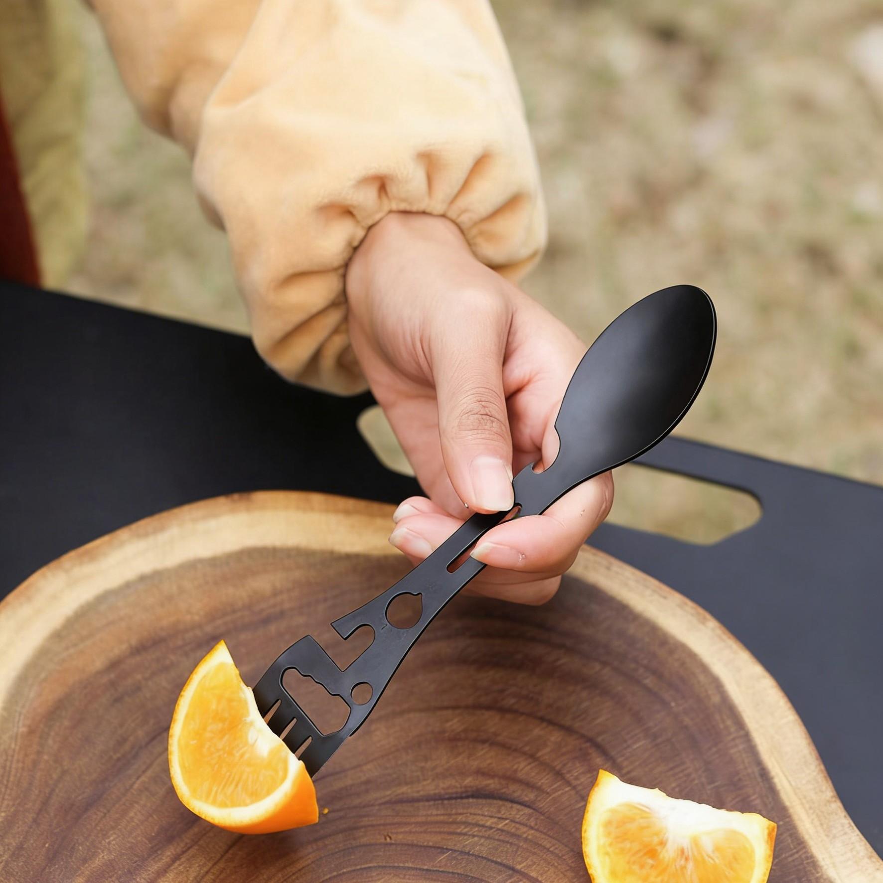 2pcs Stainless Steel Multi-Tool Spoon Set, Includes Bottle Opener, Wrench, Direction Indicator, Ideal for Camping Hiking Backpacking, Camping Kitchenware