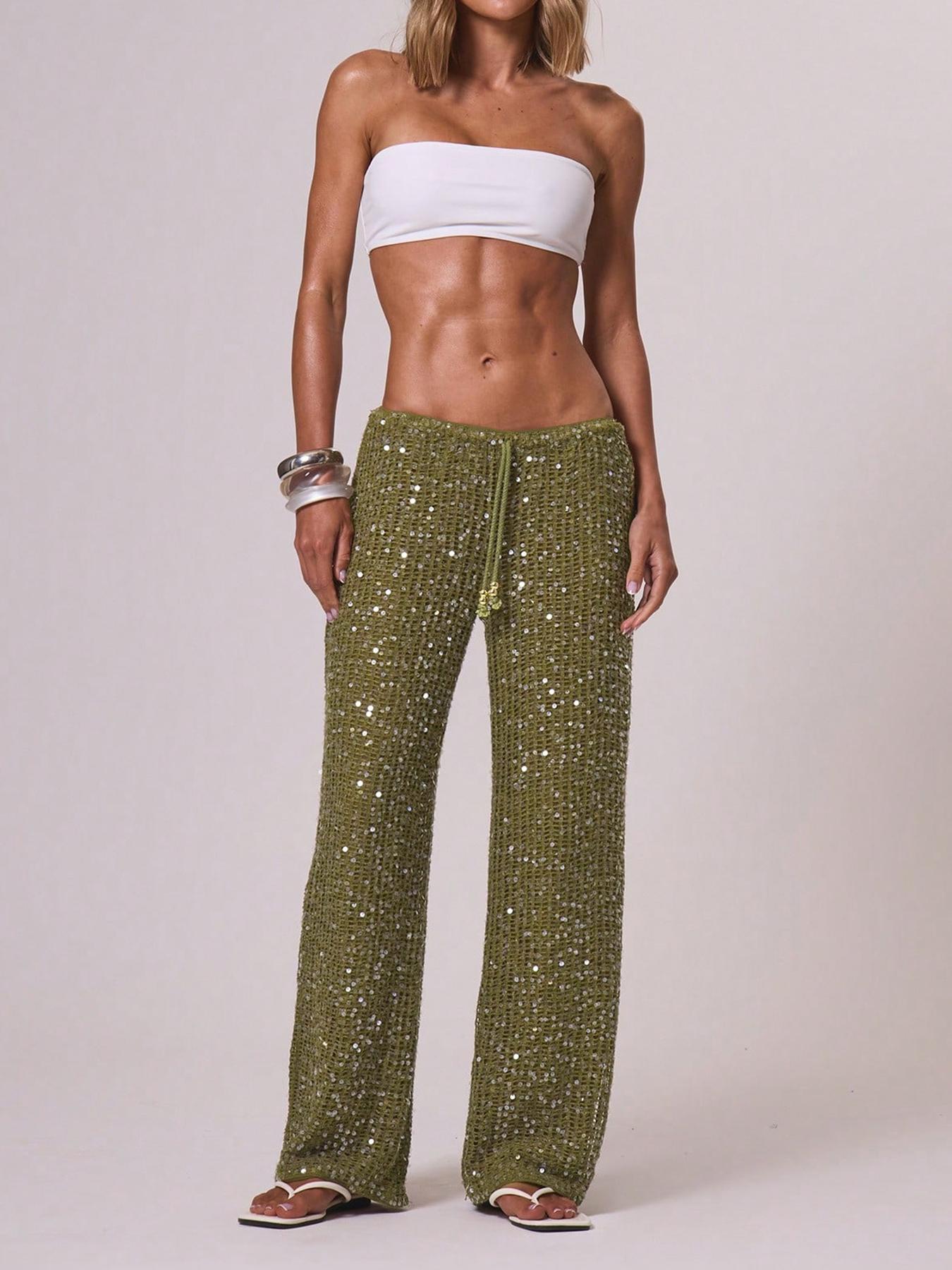 Women's Bohemian Style Beach Pants, Elegant Summer Sequined Long Trousers, Fashionable Holiday Wear, Ladies' Casual