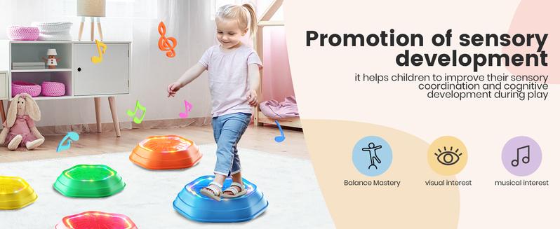 Music & Light Up Stepping Stones, 5 Pcs Stepping Stones, Non-Slip, Encourage Balance, Sensory Stepping Stones, Indoor & Outdoor Play Gift