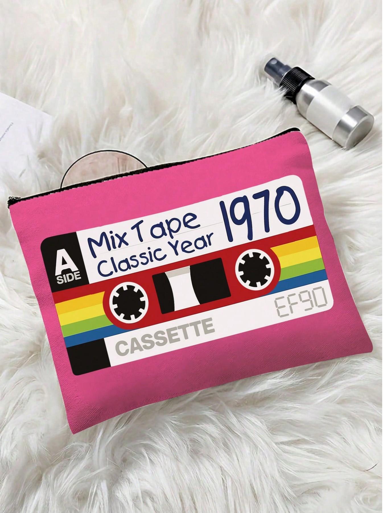 Vintage Tape Pattern Makeup Bag, Reusable Travel Organizer, Portable Vanity Case, Perfect Gift for Music Lovers, Multifunctional Storage