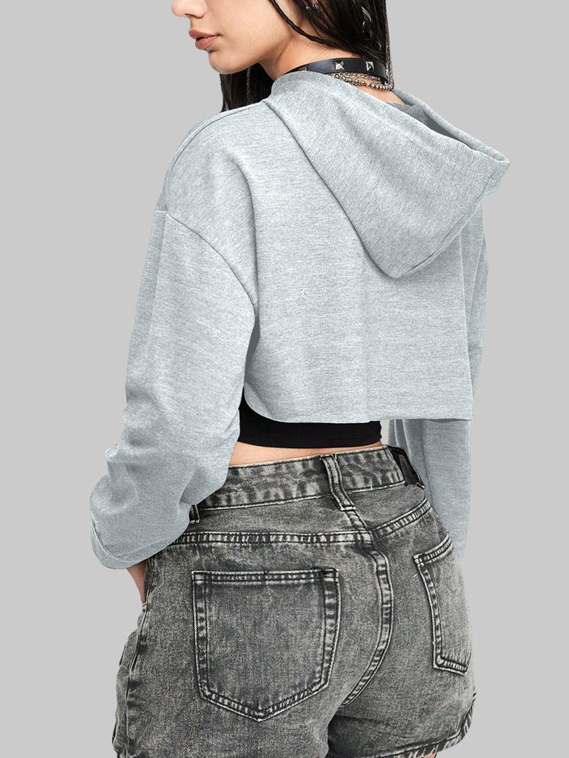 Women's Solid Drawstring Drop Shoulder Crop Hoodie, Casual Long Sleeve Hooded Sweatshirt for Daily Wear, Ladies Clothes for All Seasons, Drawstring Waist Hoodie