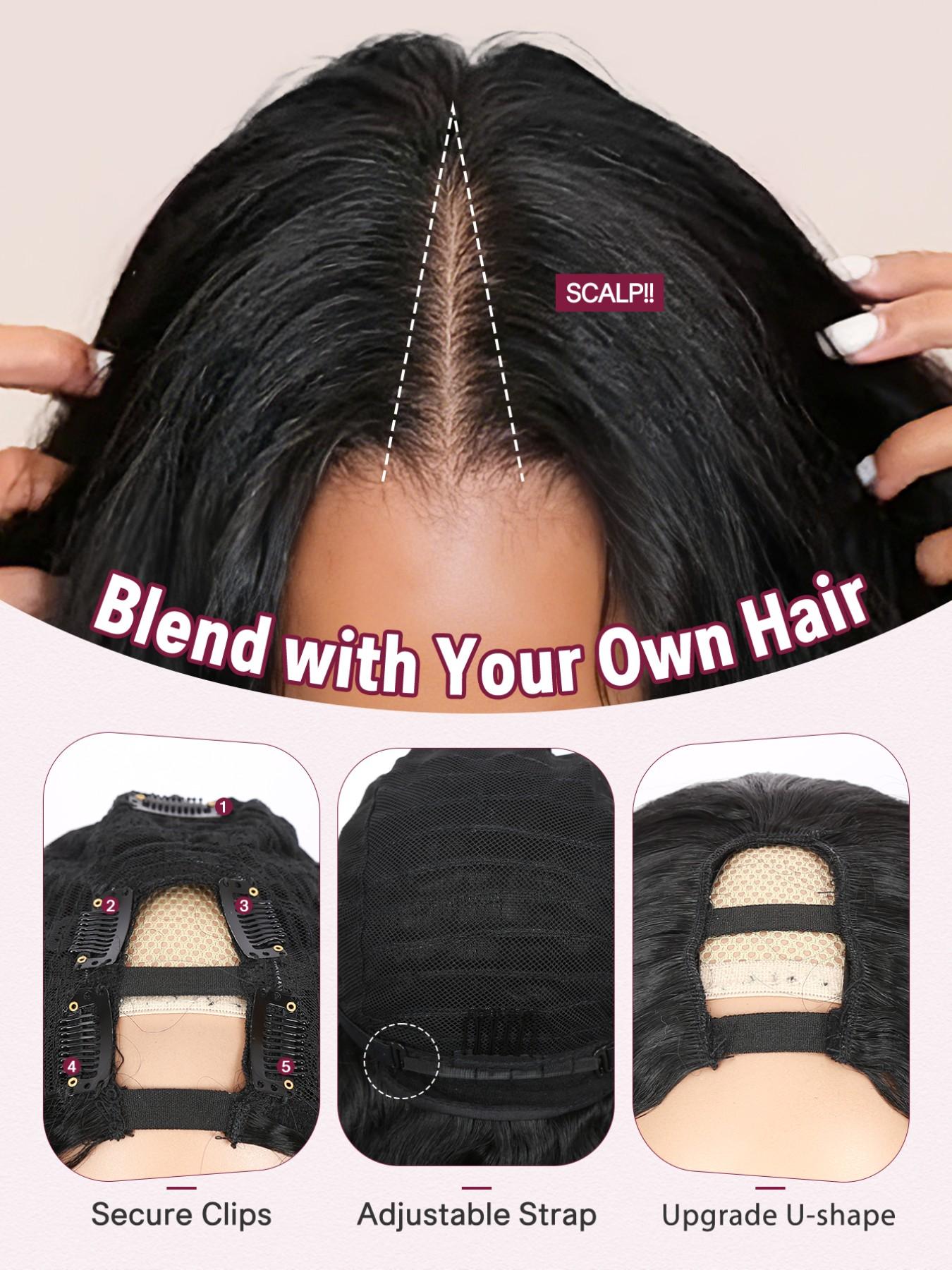 U Part Body Wave Synthetic Half Long Wavy Hair Wigs for Women, 26 Inch Glueless Wig, Heat-Resistant, Clip In, Natural, Daily Party Use
