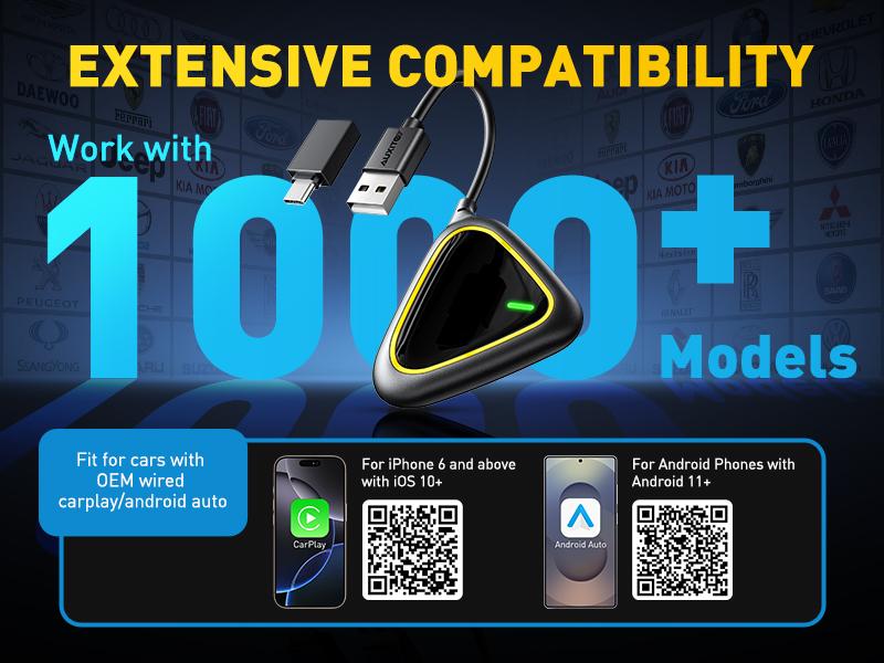 AUXITO 2 in 1 Wireless CarPlay & Android Auto Adapter, Converts OEM Wired CarPlay to Wireless, Plug & Play Seamless Connection for iPhone iOS 12+ & Android 11+, 2025 Upgraded