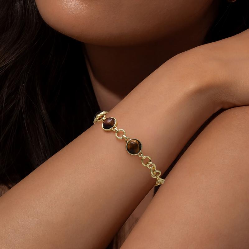 Aprilery Three-Piece Bracelet Set – Classic Cable Knot Cuff, Tiger Eye Round Link Chain, and Textured Toggle Bracelet