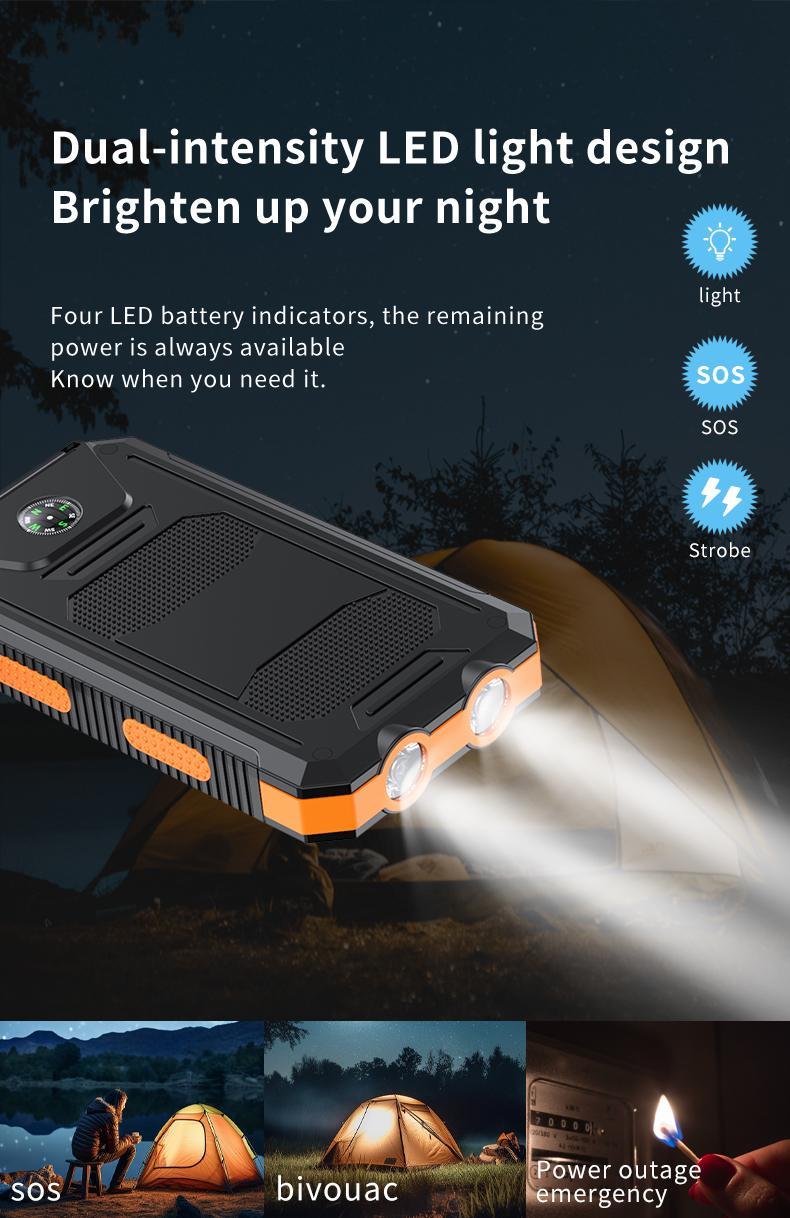 20000mAh Portable Solar Charger Power Bank with LED Flashlight - Dual USB-A Output, Waterproof Outdoor Design with Compass & Carabiner for Phone Android