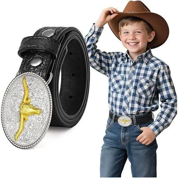 Kids' Western Embossed Faux Leather Belt - Adjustable Cowboy Stuff Accessory for Boys With Removable Horse Motif Buckle, Ideal for Outfits
