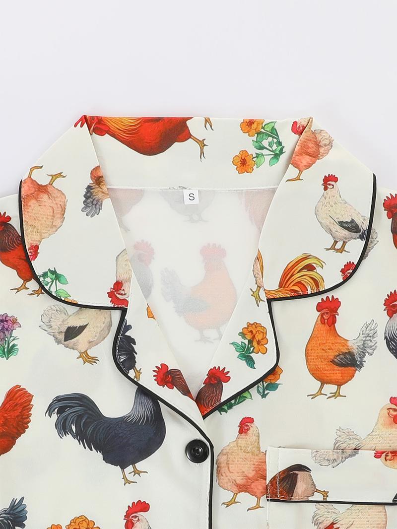 Women's Chicken Print Pajama Set, Loungewear, Casual Long Sleeve Button-Up Top & Comfortable Pants, All-Season Home Wear, 2-Piece Sleepwear