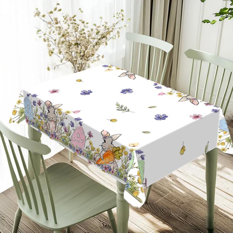 Rectangular Easter Tablecloth, Cartoon Rabbit & Egg Design, Spring/summer Floral Pattern, Perfect for Holiday/easter Decorations