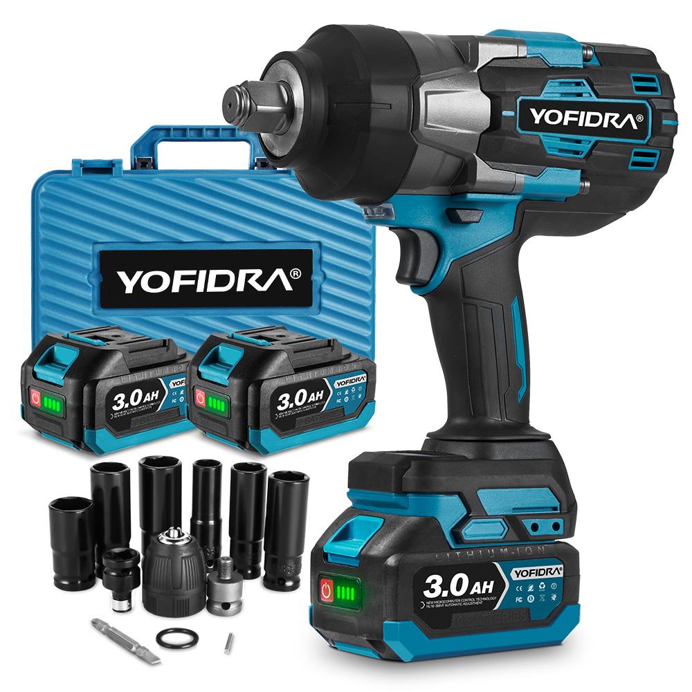 Yofidra Battery Impact Wrench 1700 N.m, 3 Gears 1/2 Inch Akuu Rotary Impact Wrench Brushless Motor, 2 x 3000 mAh Impact Wrench Battery with Charger, LED Work Light, for Heavy Work, Car Repair Power Tools Power Tools Accessories Rechargeable Lithium Drill