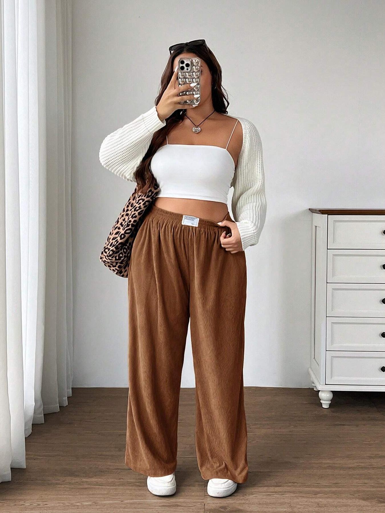 Plus Size Women's Fall Winter Elegant Casual Solid Color Corduroy Straight Leg Pants, Comfortable Daily Wear, Ladies Fashion Clothing