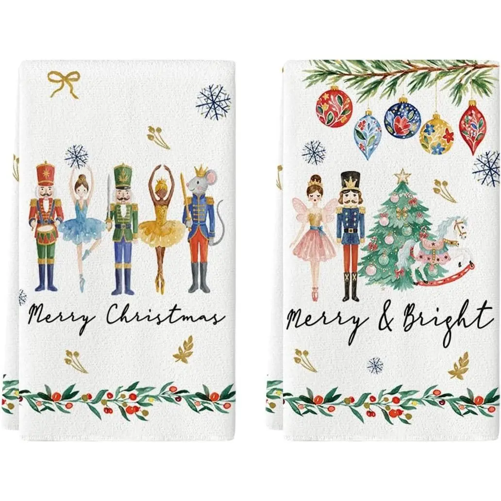 Nutcrackers Merry Christmas Kitchen Towels, Set of 2 - 18x26 Inch Decorative Holiday Dish Towels for Christmas Kitchen Decor