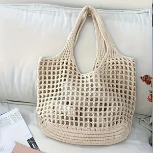 Women Handmade Crochet Tote Bag Hollow Out Woven Mesh Shopping Bag Fixed Straps No Lining Large Capacity Shoulder Bag Knitted Underarm Bag Casual Travel Vacation Beach Bag Daily Commute Grocery Bag Student School Bag Black Blue Beige Khaki 4 Colors