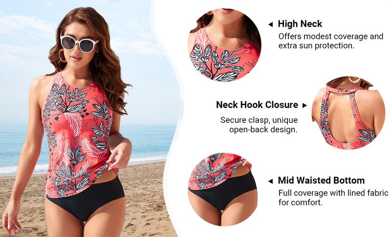 Holipick Two Piece Tankini Swimsuits for Women Tummy Control Bathing Suits High Neck Tankini Tops with Bikini Bottom