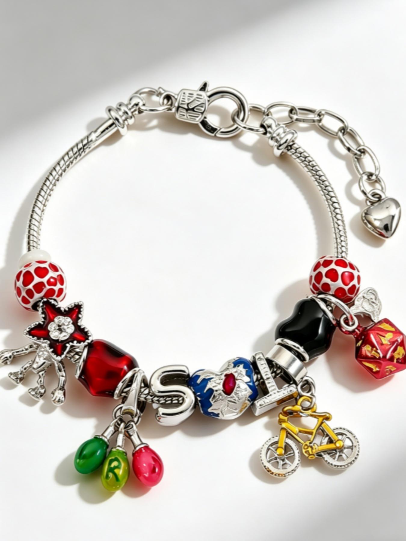 Retro DIY Stranger Things Inspired Multi-Pendant Beaded Bracelet, Heart Charm Bracelet, Strange Colorful Charm Trendy Jewelry, Aesthetic Fan Gift, Friend Gift, Special Bff Gift, Interest Gift