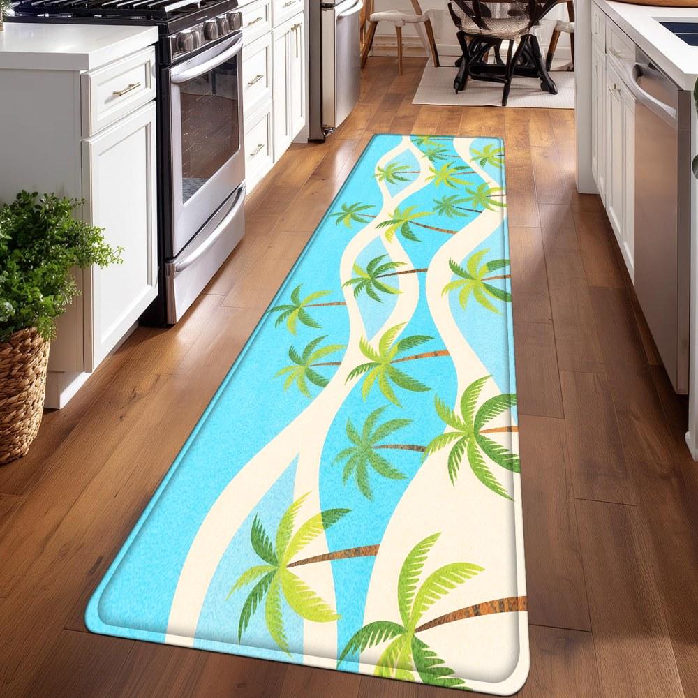 1PC， Spring Coconut Tree Beach Scene Patterned strip rugs, home décor, bathroom mats, entryway mats, bathroom non-slip mats, indoor entrance rugs, bedroom bedside mats, kitchen mats, hallway rugs, flannel sponge rugs, hallway runner rugs