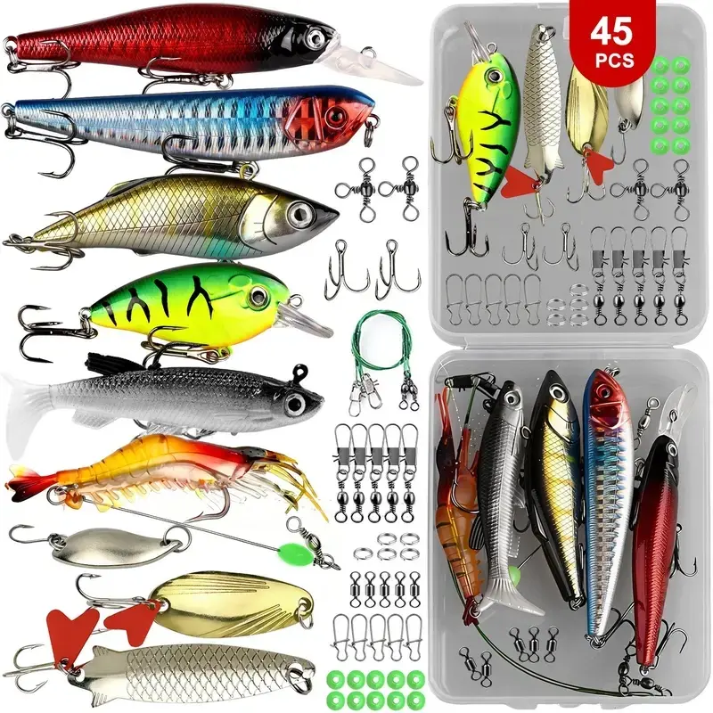Multi-Style Hard Bait Lure Set, Artificial Fishing Lures Kit with Multi-Section Fish, Minnow, Crankbait, Pencil, Popper, Frog and Topwater Crank Baits, Fishing Tackle, Fishing Equipment, Outdoor Fishing Equipment
