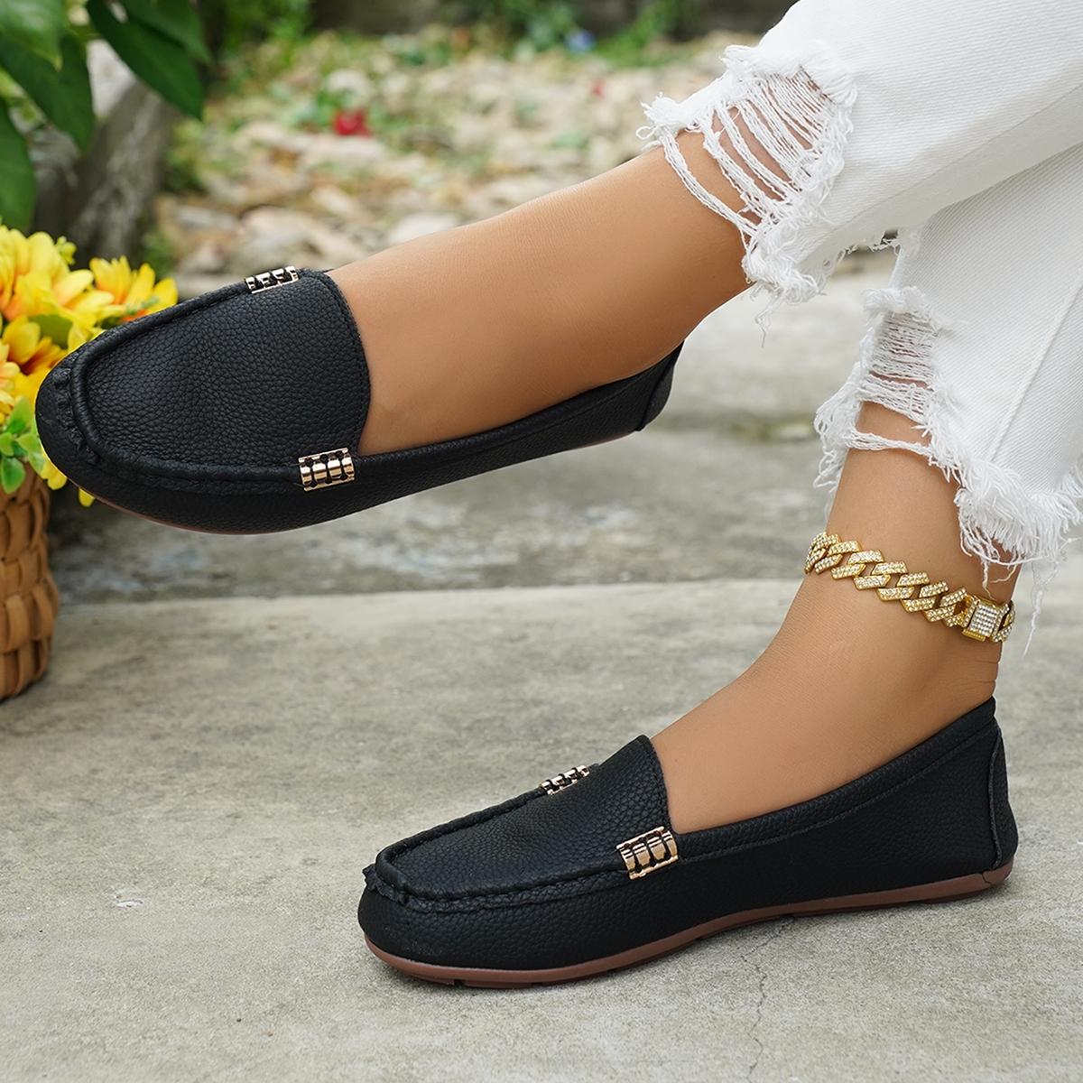 Women's Classic Plain Low Heel Shoes, Fashionable and Sexy, High-End Slant Metal Chain Decoration, Comfortable Casual Loafers, Slip On Shoes