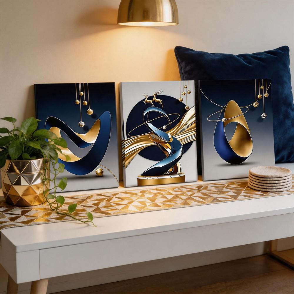 3-Panel Framed Canvas Wall Art, Navy Blue & Gold Abstract Geometry Deer Canvas Print, 3D Texture Golden Elk Wall Decor, Luxury Minimalist Art For Living Room Entryway