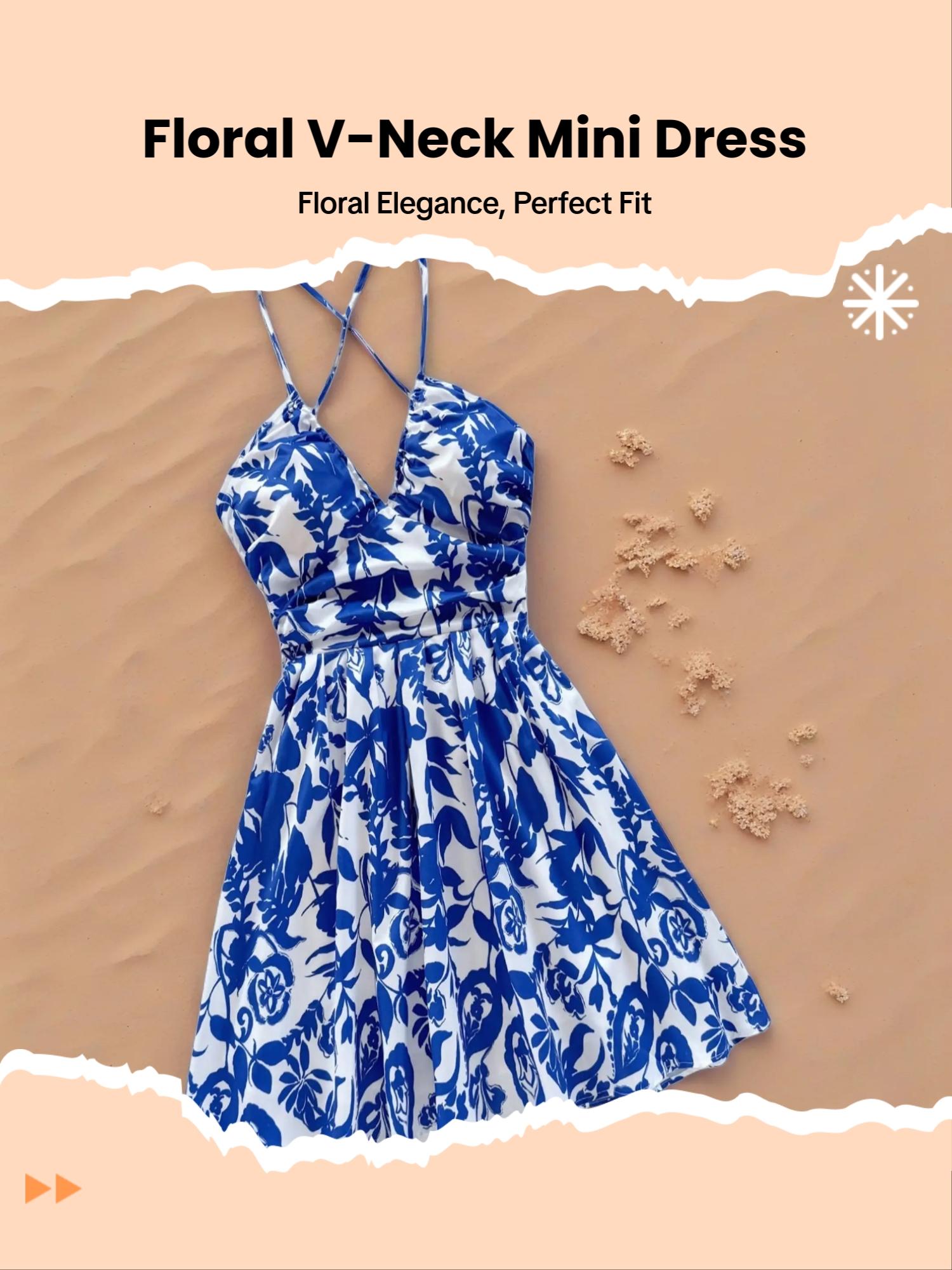 Women's Vacation-Style Blue & White Floral Print Deep V-Neck Backless Bowknot Back Ruffle Hem Dress, Suitable For Weddings, Graduations, Back To School, Cute Lunch, Sexy Bachelorette, Summer