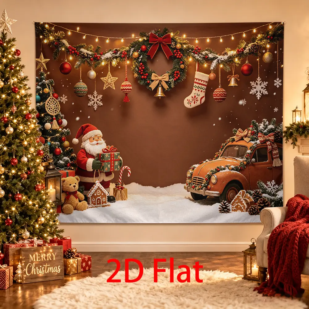 Christmas Santa Backdrop, Vintage Car Gingerbread Gifts Brown Holiday Photo Background