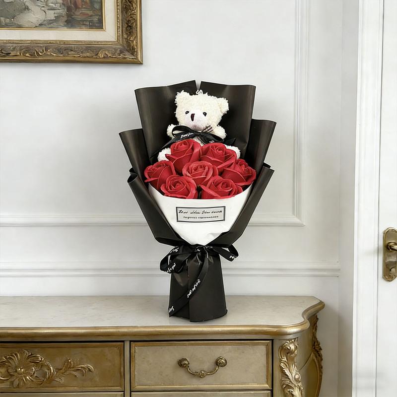 Boutique Rose Gift Box, 1 Set Artificial Rose Soap Flower Bear Cartoon Doll Bouquet Gift Box, Romantic Eternal Rose Bouquet, Deluxe Gift Box Set, Simulated Rose Desktop Bedroom, Unique Creative Gift for Birthday，christmas Gifts, Christmas Bouquets