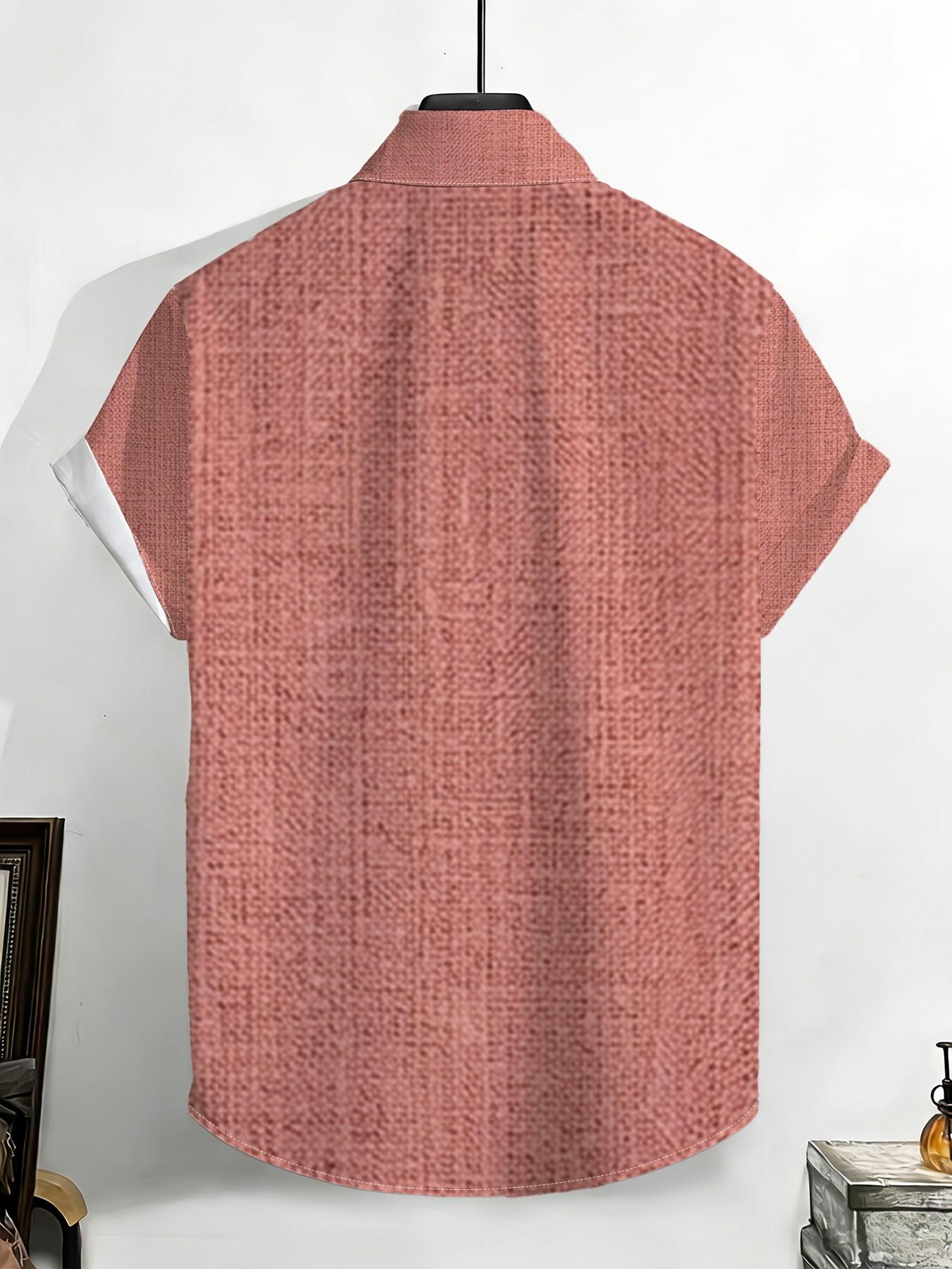 New Summer Men's Short Sleeve Shirt, Vintage Linen Texture Coconut Tree Print, Casual Breathable Beach Holiday Hawaiian Shirt