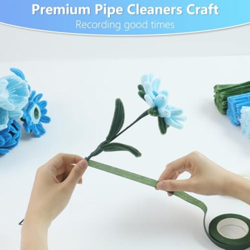 400 Root Cleaning Strips Set, 4 Colors Assorted, DIY Flower Making Kit, Includes Floral Wire, Garden Tape, Stamen, Ribbon, Chenille Strip Blue