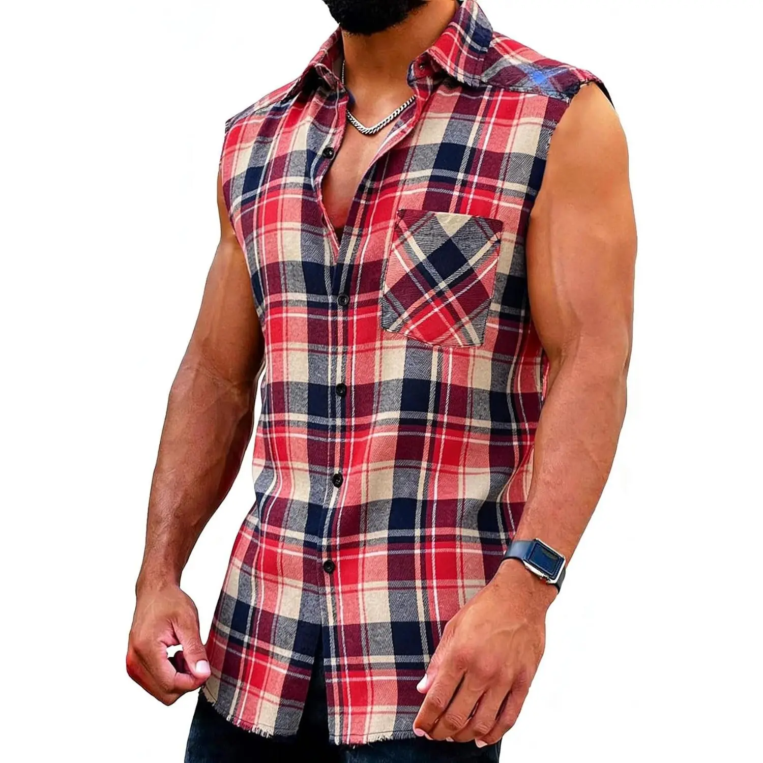Men's Sleeveless Flannel Plaid Shirt Button Down Casual Cowboy Tank Top Lapel Collar Curved Hem Summer Vest