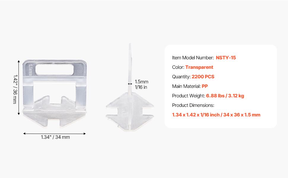 VEVOR Tile Leveling System Clips, 2200-Piece DIY Tile Leveler Spacers, 1/16(1.5 mm) Tile Leveler Clips, Tile Leveling System Tile Installation Tools for Professional Ceramic Tile, Stone Installation