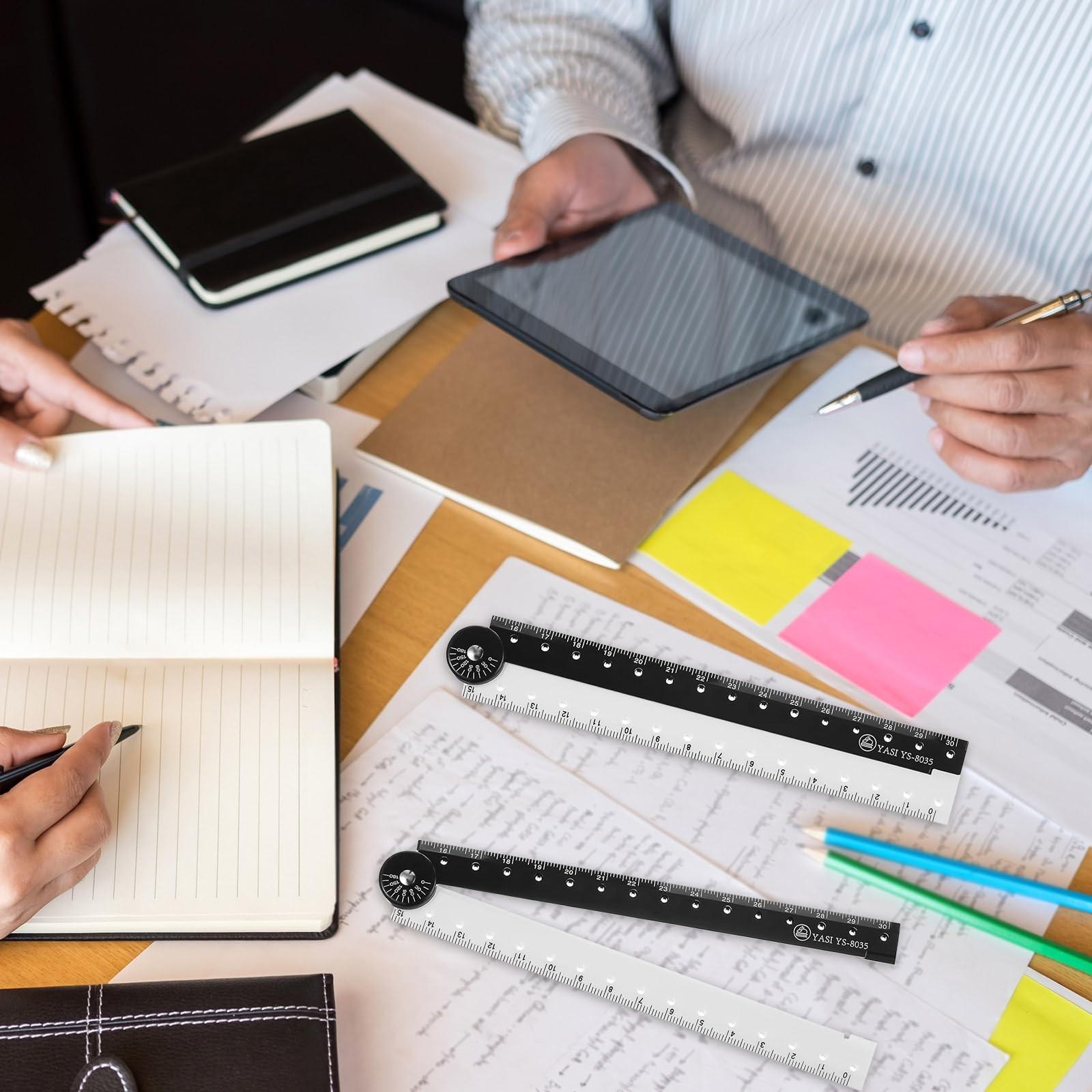 2 Pcs 30 cm/ 12 Inch Folding Ruler Multi Acrylic Foldable Angle Measurement Ruler Clear Flexible Black and White Adjustable Geometry Measuring Tools for Drawing School Classroom