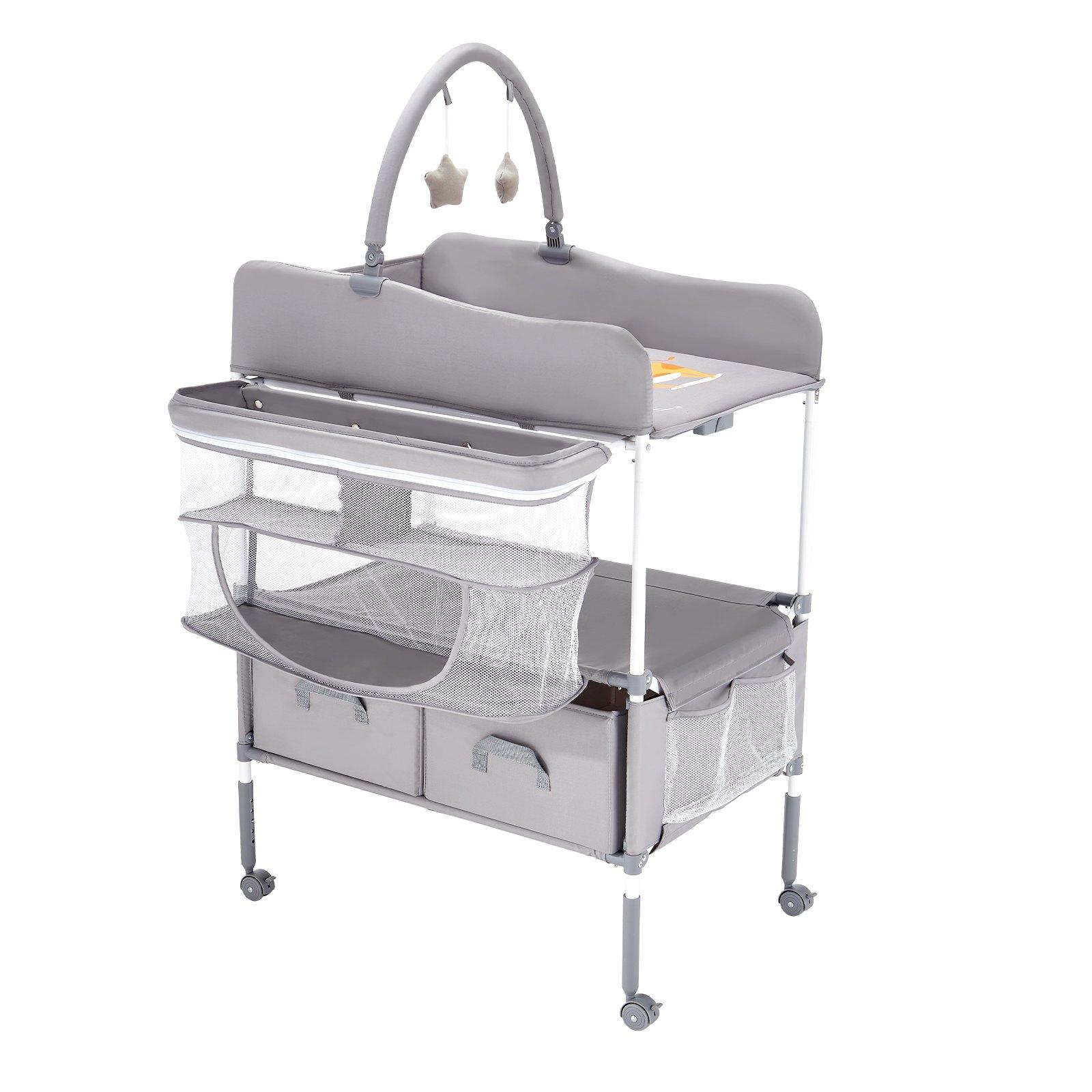 VEVOR Baby Changing Table, Foldable Diaper Change Station with 2 Fabric Drawers, Side Basket & Hanging Rod, Adjustable Height Portable Changing Table with Lockable Wheels & 2 Star Toys, Light Gray VEVOR Baby Changing Table, Foldable Diaper Change Station with 2 Fabric Drawers, Side Basket & Hanging Rod, Adjustable Height Portable Changing Table with Lockable Wheels & 2 Star Toys, Light Gray