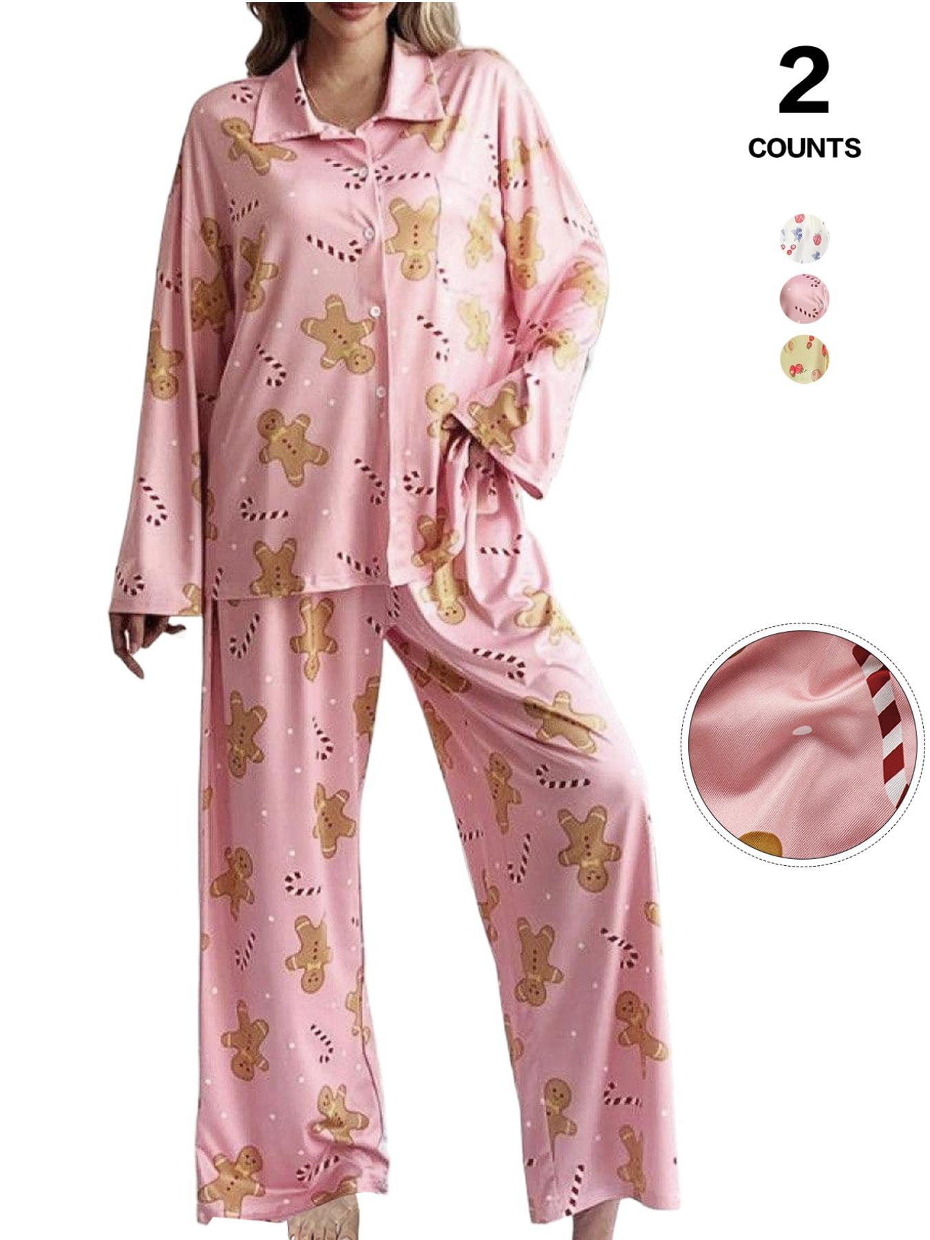 Dancing Again Women's All Over Print Pocket Shirt & Elastic Waist Pants Pyjama, Casual Comfy Button Front Drop Shoulder Collared Top & Trousers Pj Set, Pajamas, Women's Sleepwear & Loungewear for Spring & Fall, Cute Pajama Sets