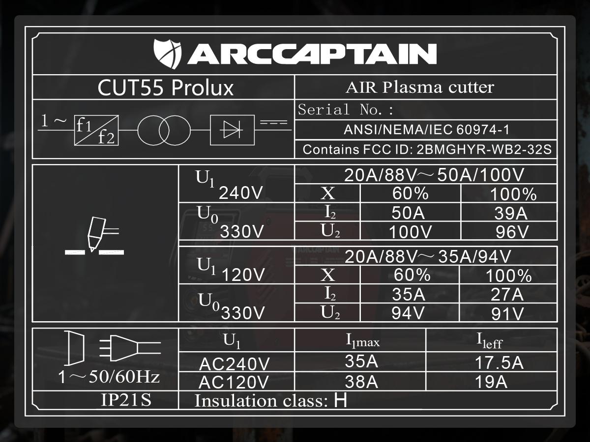ARCCAPTAIN iControl CUT55 Prolux Plasma Cutter Machine, [APP Control] 55 Amp Non-Touch Pilot Arc, 120V/240V, Upgraded LED Display, Grid Cutting, Rust Removal, Air Pressure Detection for Home DIY,  Multiprocess Cutting Machinefor Dad and Men