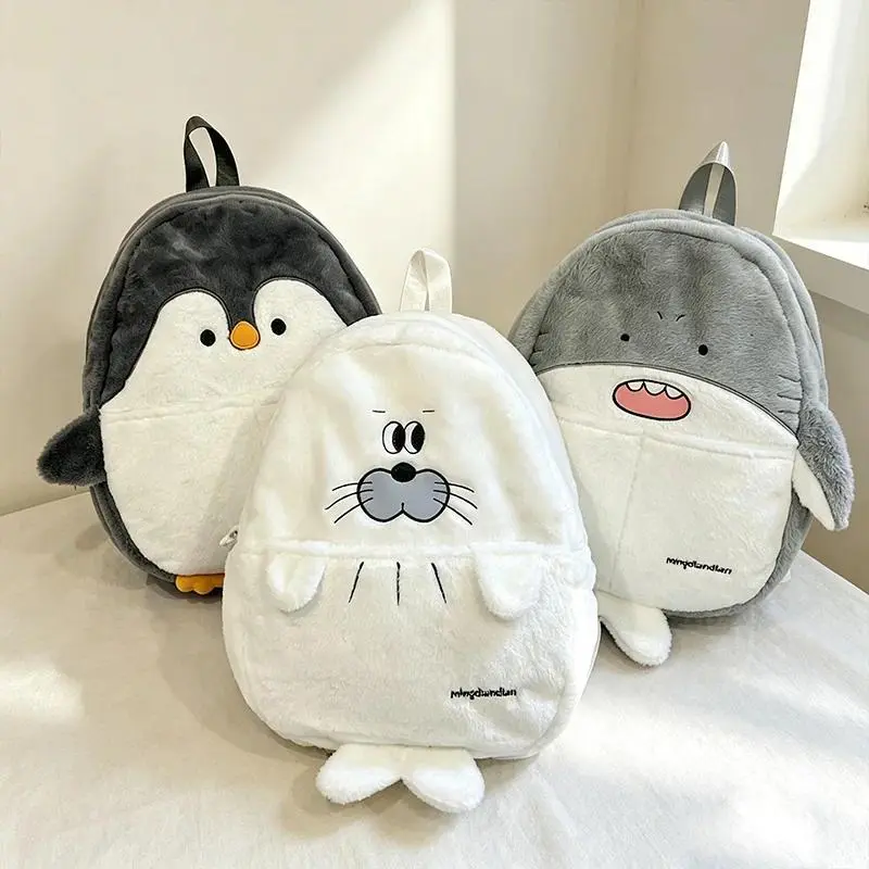 Animal Cartoon Penguin Plush Backpack Kawaii  Shark Seal Soft Fluffy School Bag for Teen  Daily Travel Shoulder Bag Gift