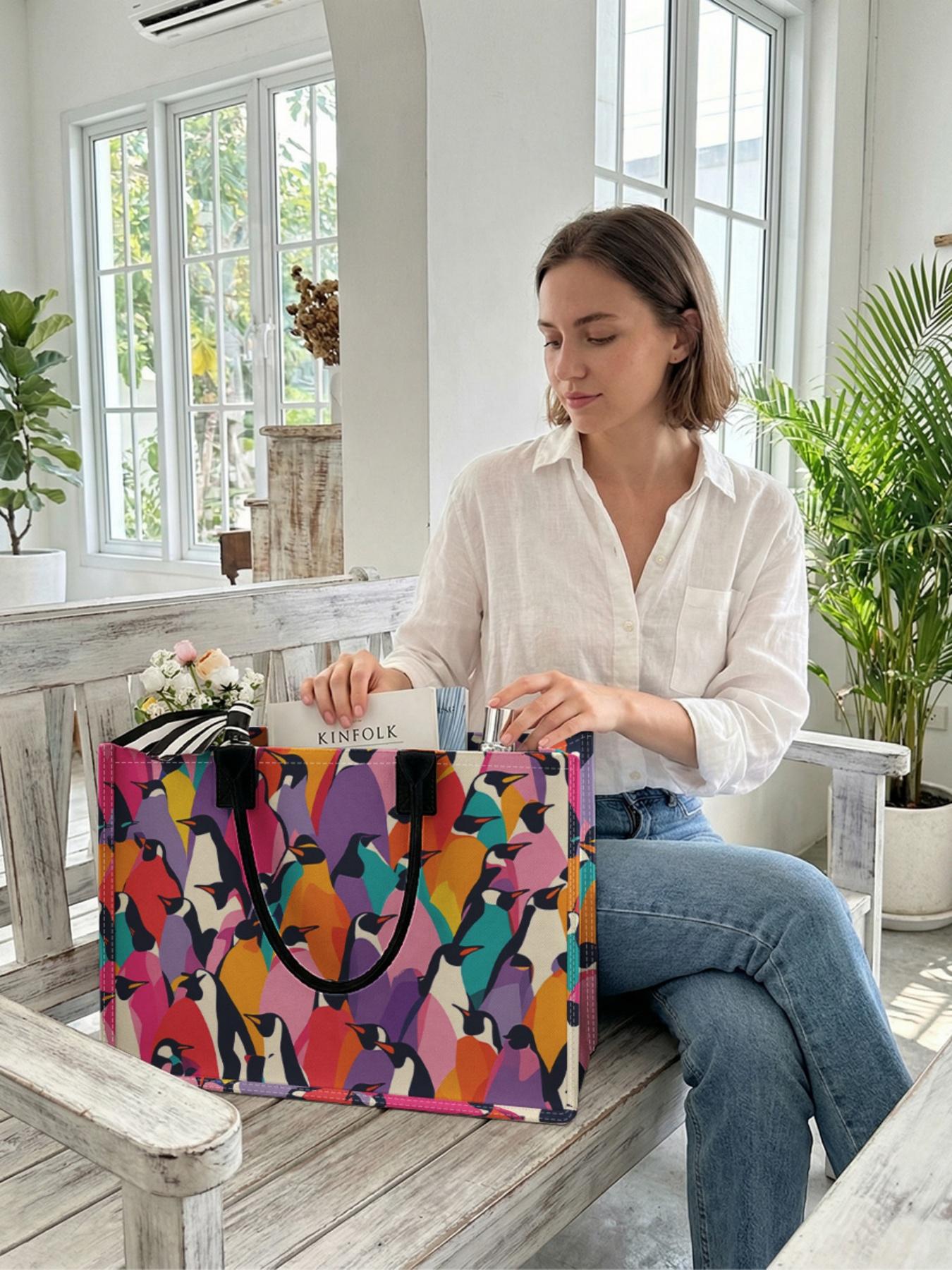 1 piece of colorful penguin pattern 2D printed large capacity storage bag, extra large storage bag, sturdy handle, space-saving multi-purpose, suitable for going to school, traveling, shopping