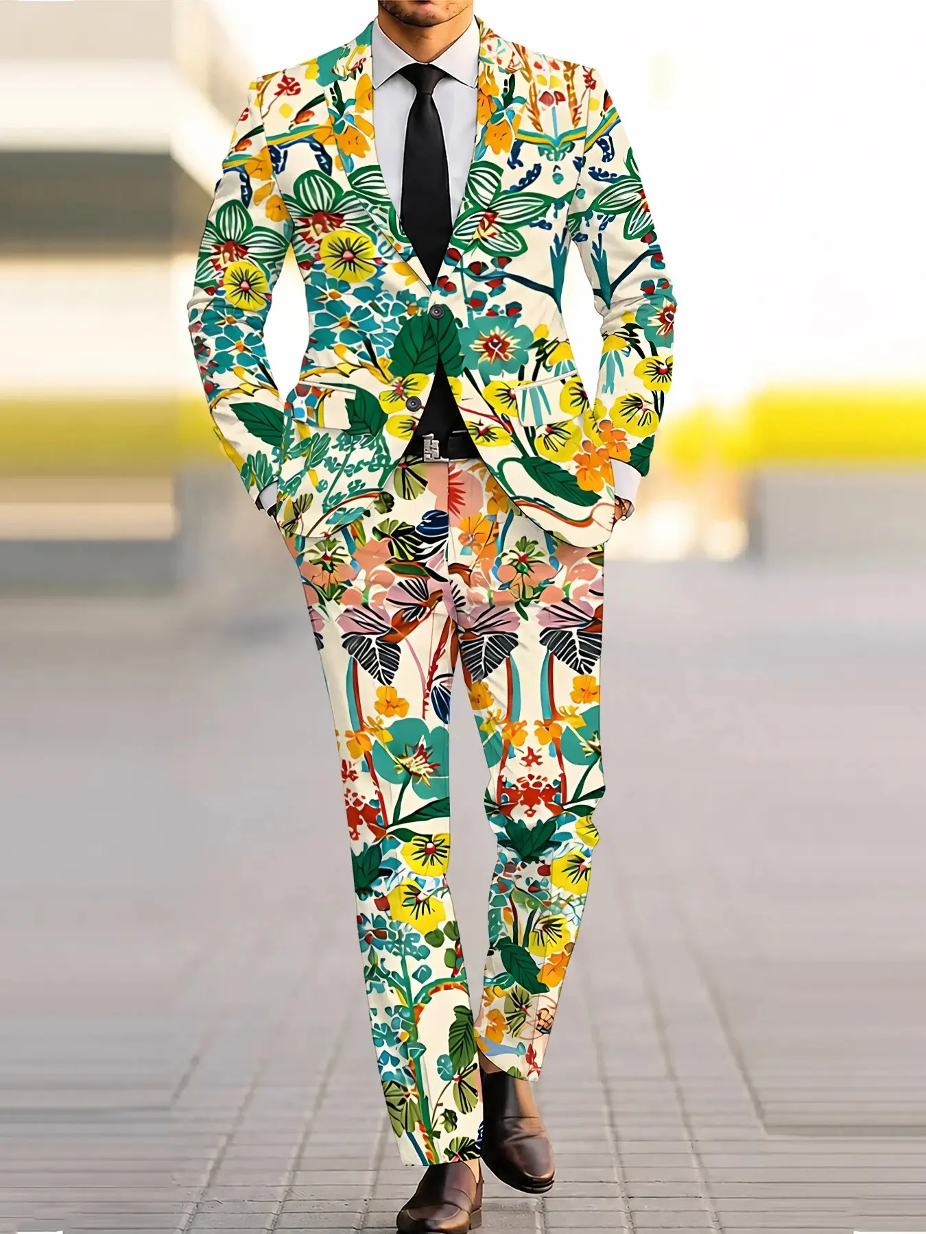 Men's retro exotic floral and bird suit! Bright and colorful full-print flowers, plants, birds, and animals; matching suit jacket and trousers with slim fit, eye-catching trendy suit perfect for vacation parties.