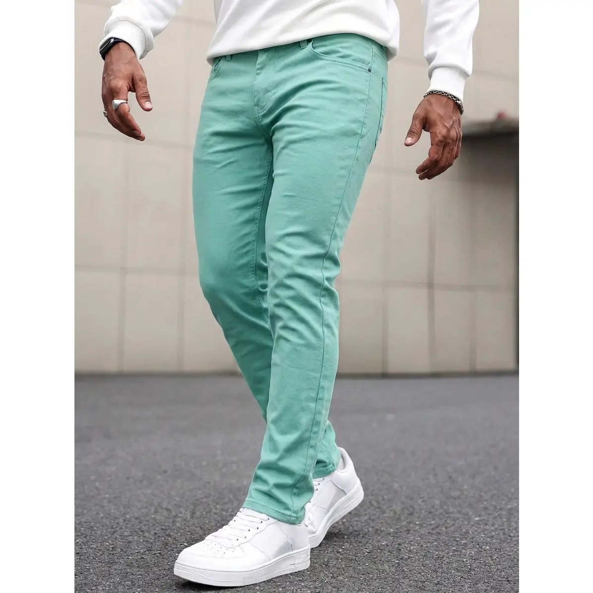 Men's Casual Slim Fit Colored Denim Jeans, Mint Green Stretch Fabric Pants, Lightweight Comfortable Streetwear Menswear, Solid Fashion Trousers for Summer Daily Wear, Trendy Casual Outfit with Classic Five Pocket Style
