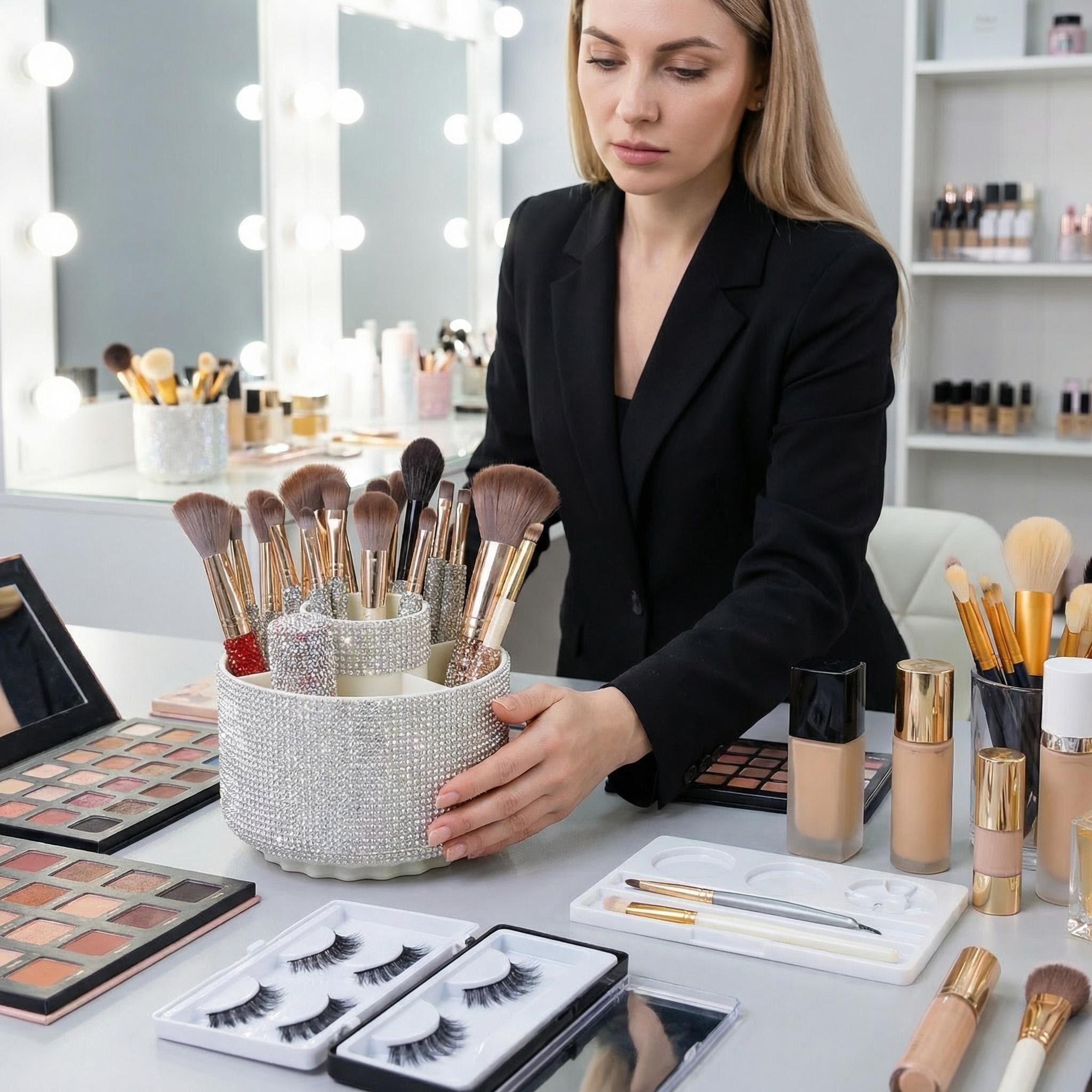 Luxury Rhinestone Makeup Brush Holder Storage Box, 360° Rotating Cosmetic Organizer with Multiple Compartments, Suitable for Women and Girls