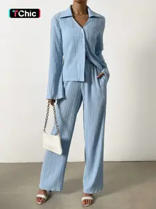 Women's Solid Button Front Shirt & Wide Leg Pants Two-piece Set, Matching Clothing Set, Casual Suit Set, Long Sleeve Collared Top & Pocket Trousers, Casual Spring & Fall Outfits Clothes for Ladies