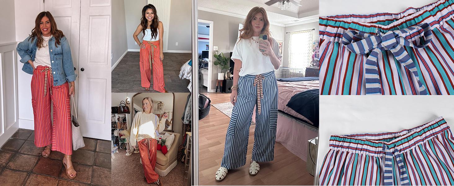 JovenPara Women's Drawstring Striped Wideleg Lounge Pants with Pockets Casual Bohemian Palazzo Trousers for Daily Wear Blue Boho Womenswear Bottom JovenPara Women's Drawstring Striped Wideleg Lounge Pants with Pockets Casual Bohemian Palazzo Trousers for Daily Wear Blue Boho Womenswear Bottom