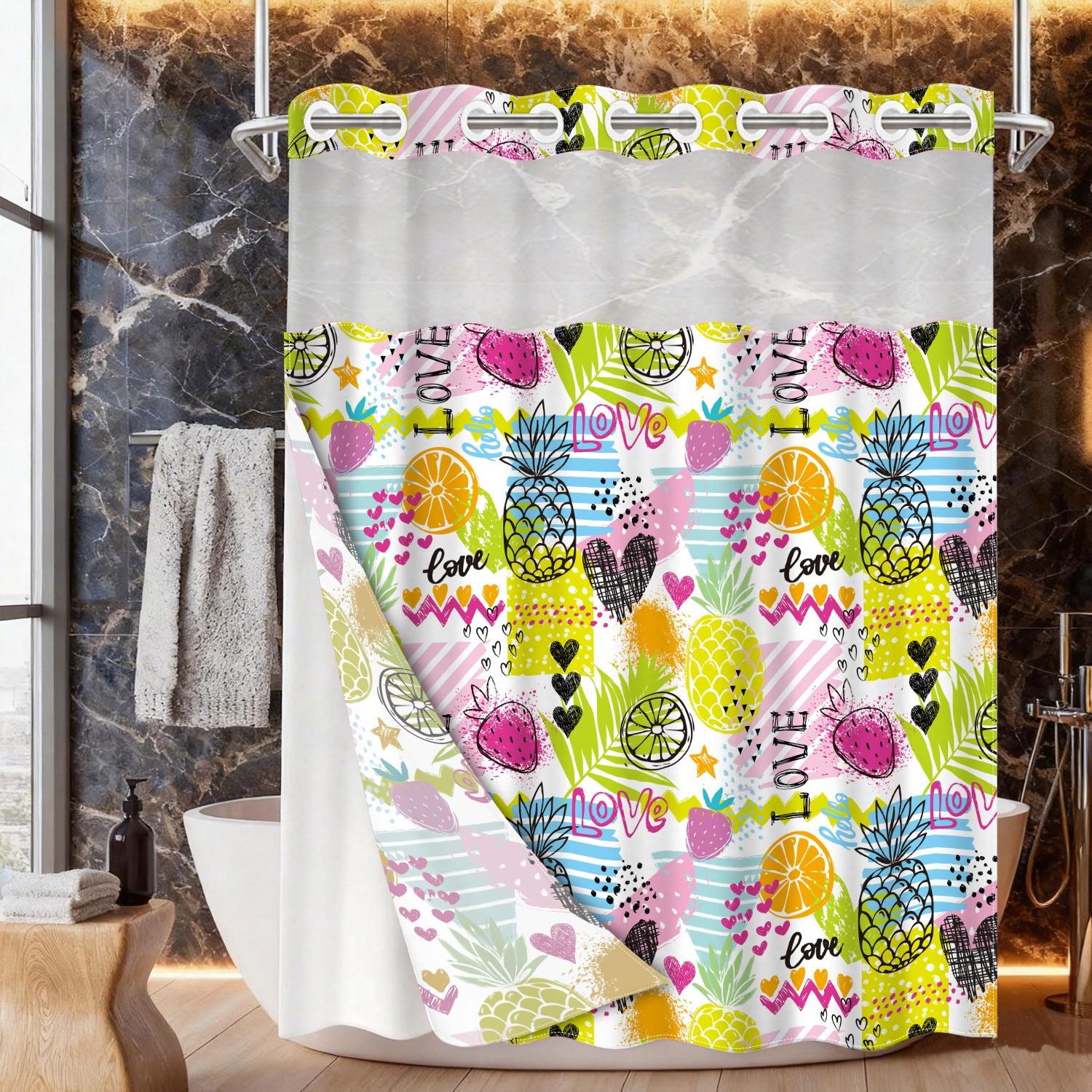 1PC double-layer large ring shower curtain, colorful fruit pattern background, shower curtain, high-end quick drying hanging curtain, bathroom, curtain, waterproof, anti mold curtain